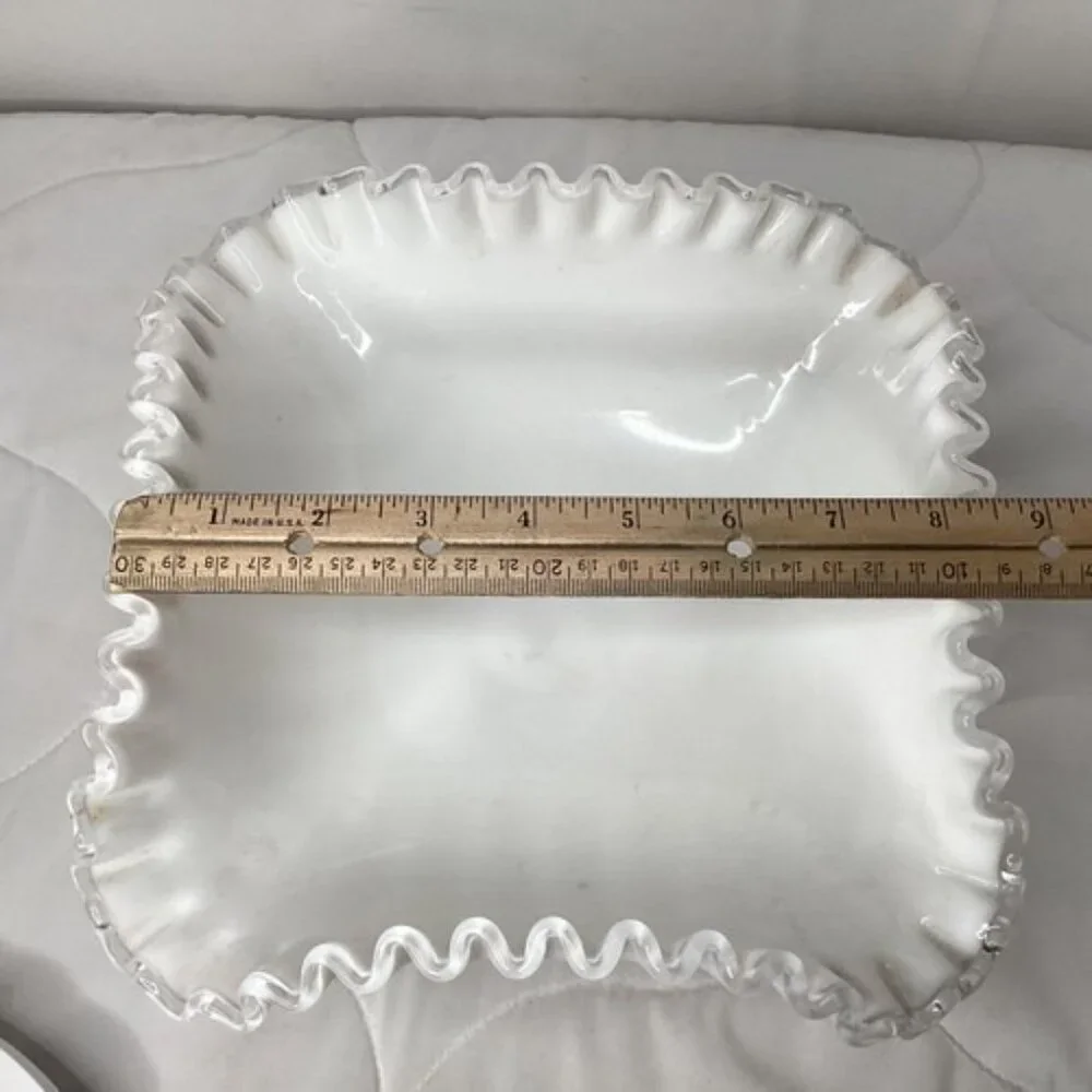 Fenton large square Silver crest white milk glass ruffled footed pedestal bowl - Picture 5 of 5